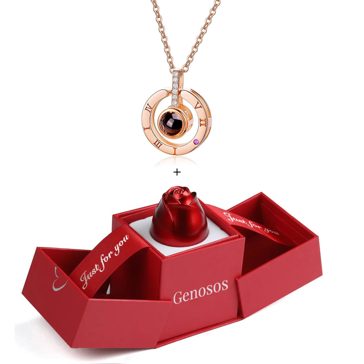 GENOSOS® ORIGINAL- Collar Amor Eterno en 100 Idiomas + Caja con Rosa