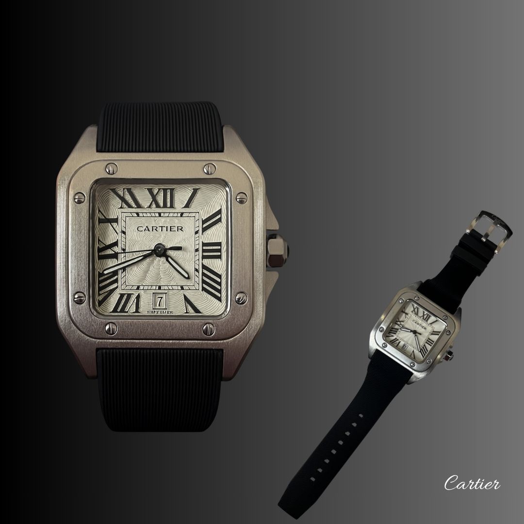 Cartier™ Santos Correa de Goma- Acero Elegante