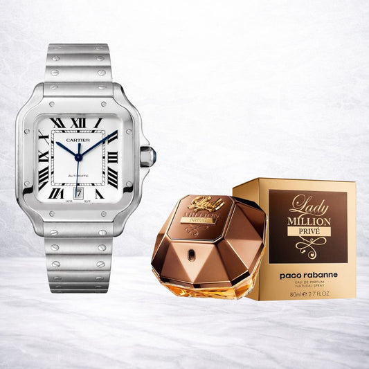 Cartier Santos Acero Elegante + Perfume One/Lady Million 1.1