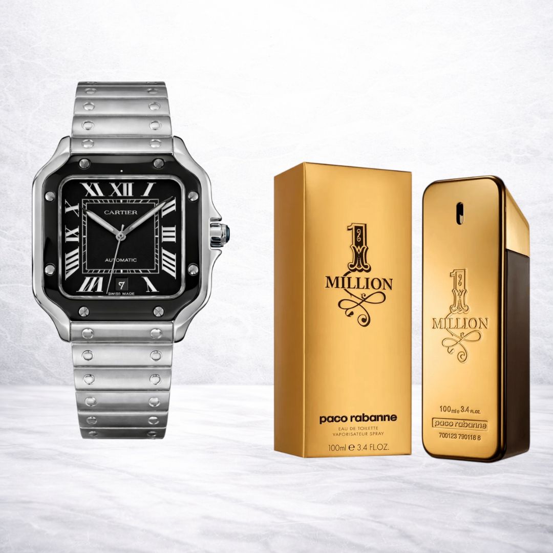 Cartier Santos Acero Elegante + Perfume One/Lady Million 1.1